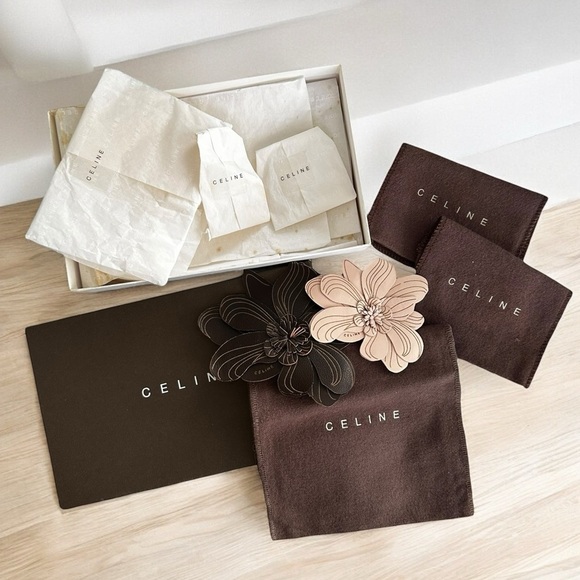RARE Authentic Celine Leather Floral Set of Brooch Pins with Dust Bags & Box - Picture 1 of 12